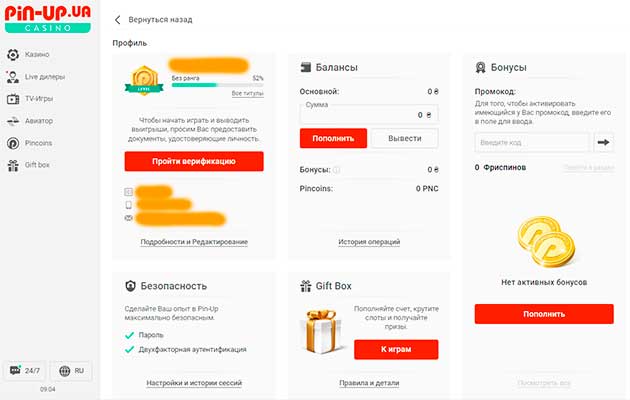 Персональный профиль игрока в онлайн казино Пинап